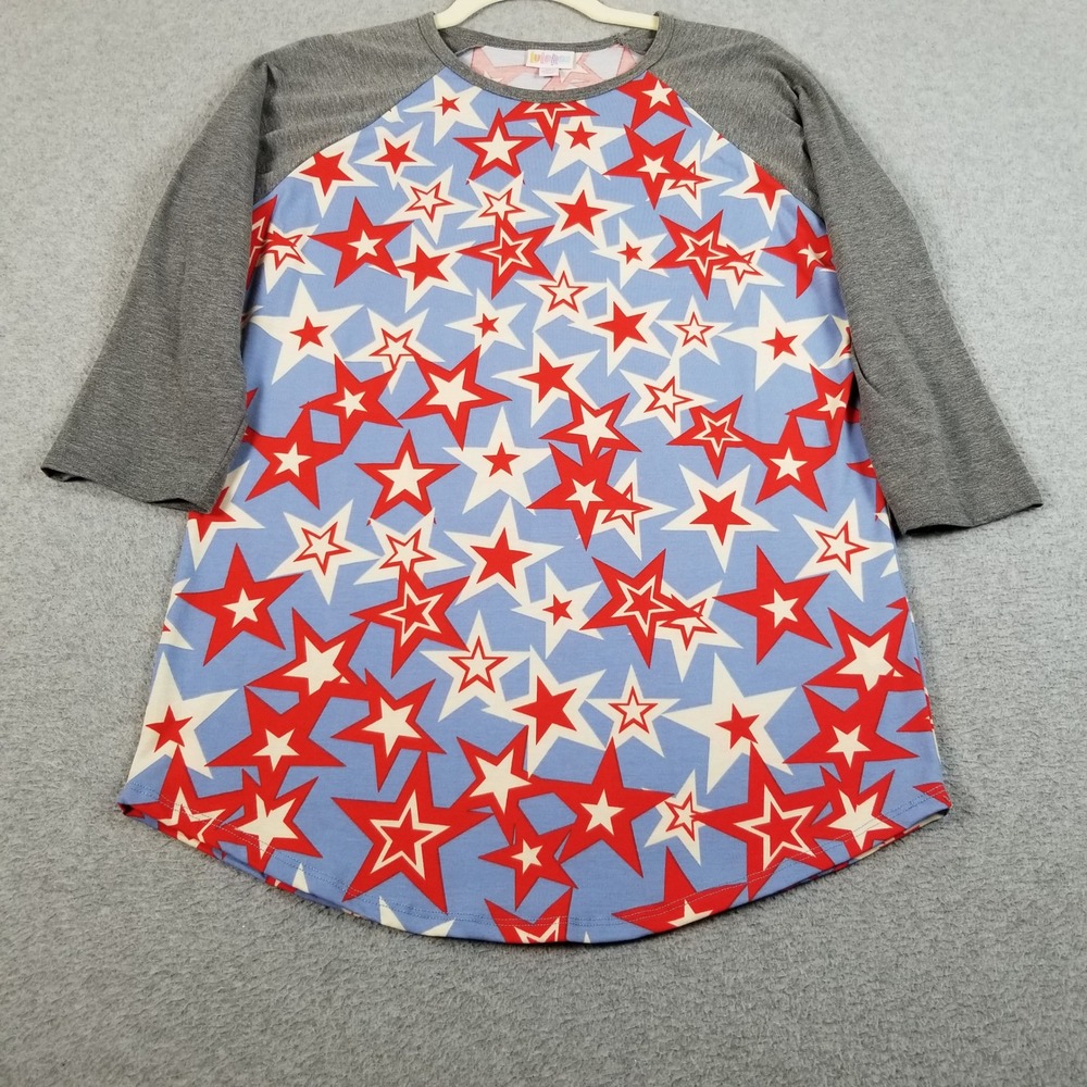 LuLaRoe Randy Top Womens Medium Blue Red Grey Stars Raglan Baseball T-Shirt Tee